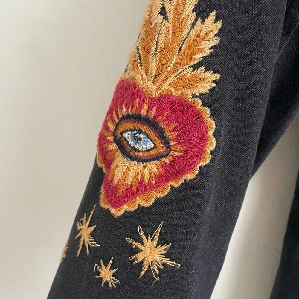 Driftwood Hallucinations Embroidered Denim Blazer Jacket Black M Moon Snake - Picture 4 of 6